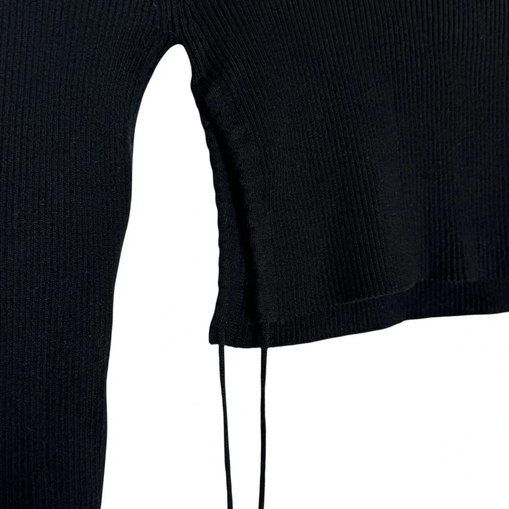 Zara Ribbed Knit Black Crop Top Size S Side Ruched Tie Y2K Minimalist Stretch